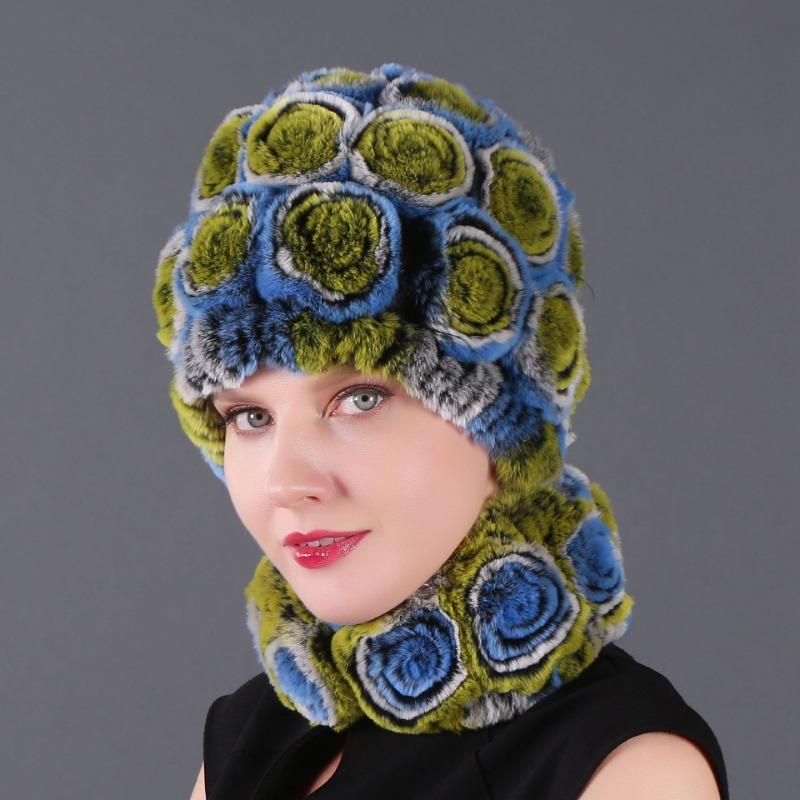 Rex Rabbit Rose Hat and Flower Scarf Set Specializing in the production of Rex Rabbit Scarf Hat Two-piece Adult Hat