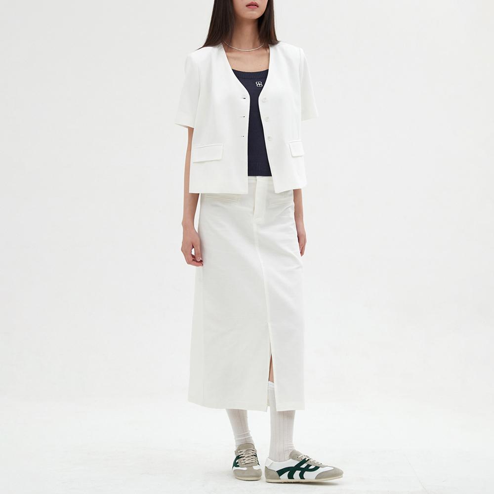 Elssibeui Linen Front-Slit Long Skirt_White