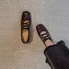 Vintage Crossed Mary Jane Shoes Women's Brown Thick Heel Shoes Pleated Square Ballet Shoes