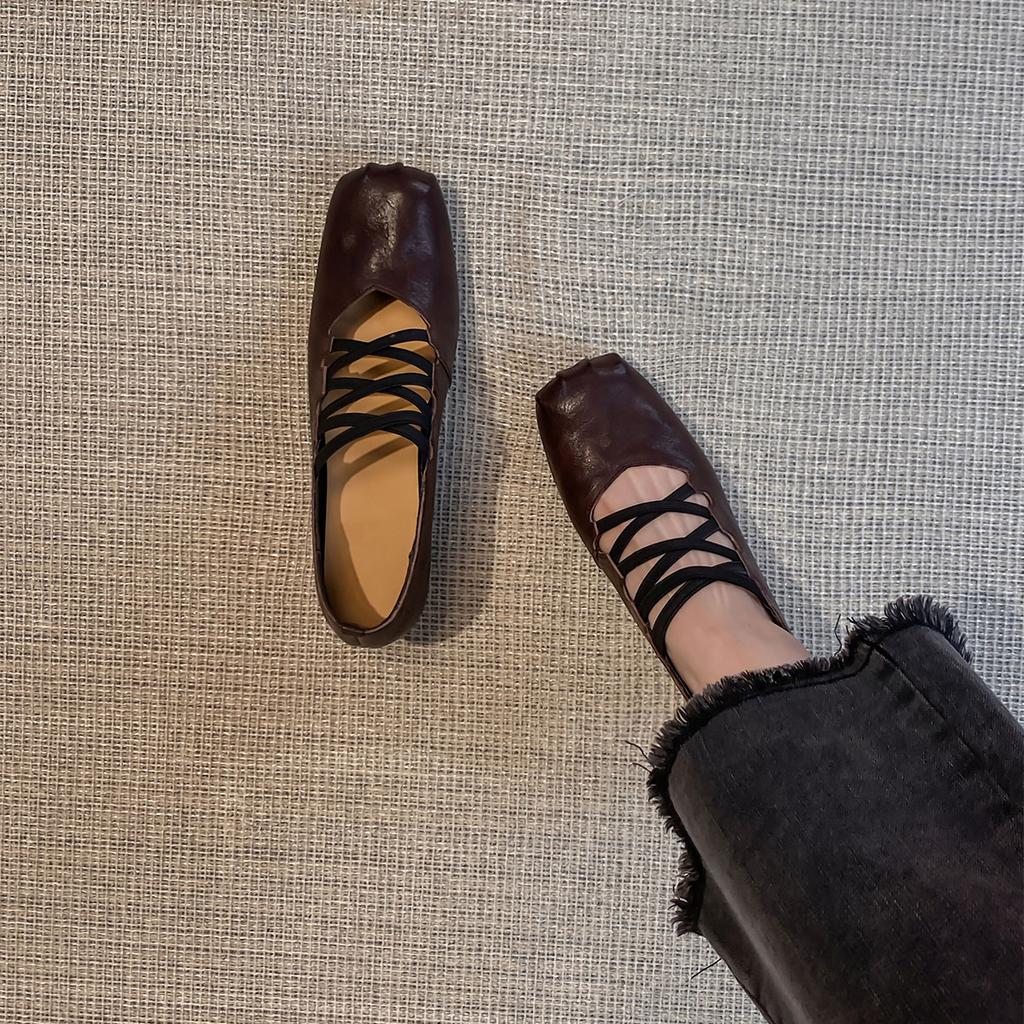 Vintage Crossed Mary Jane Shoes Women's Brown Thick Heel Shoes Pleated Square Ballet Shoes