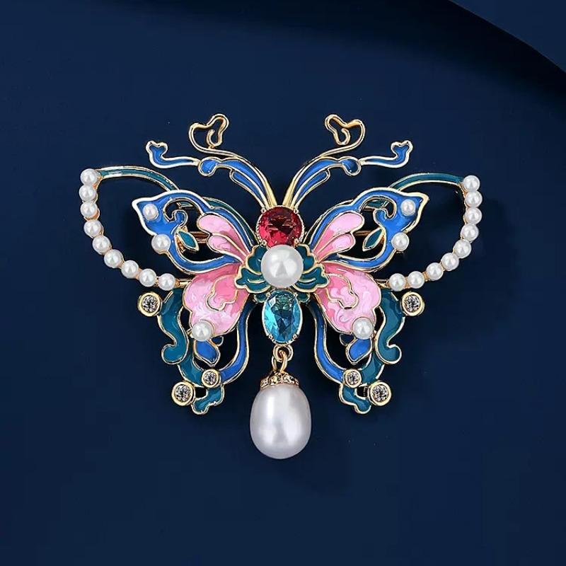 Enamel Butterfly Brooch for Women, Chinese Style, Pearl Brooch, Elegant and High-end Cheongsam Coat Pin