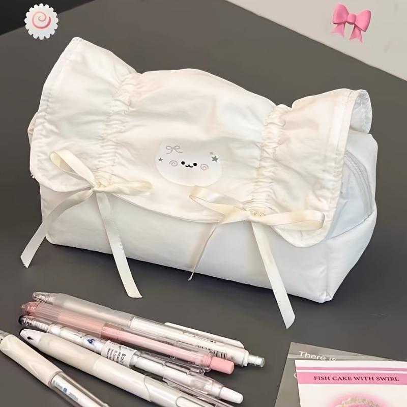 Large Capacity Cat Bow Pencil Case-stylish White Stationery Storage Box Spacious Compartment Design Durable and Easy To Clean