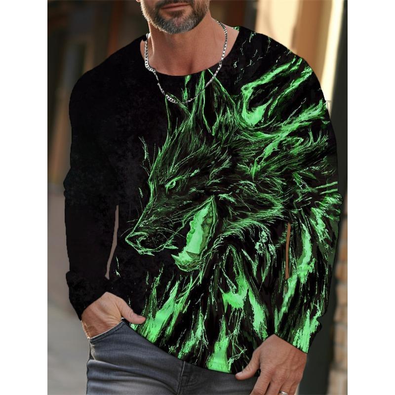 Men's Long Sleeve T-shirt 3d Print Wolf Animal Print Men's Autumn Top Casual Round Neck T-shirt Oversized Outdoor Pullover