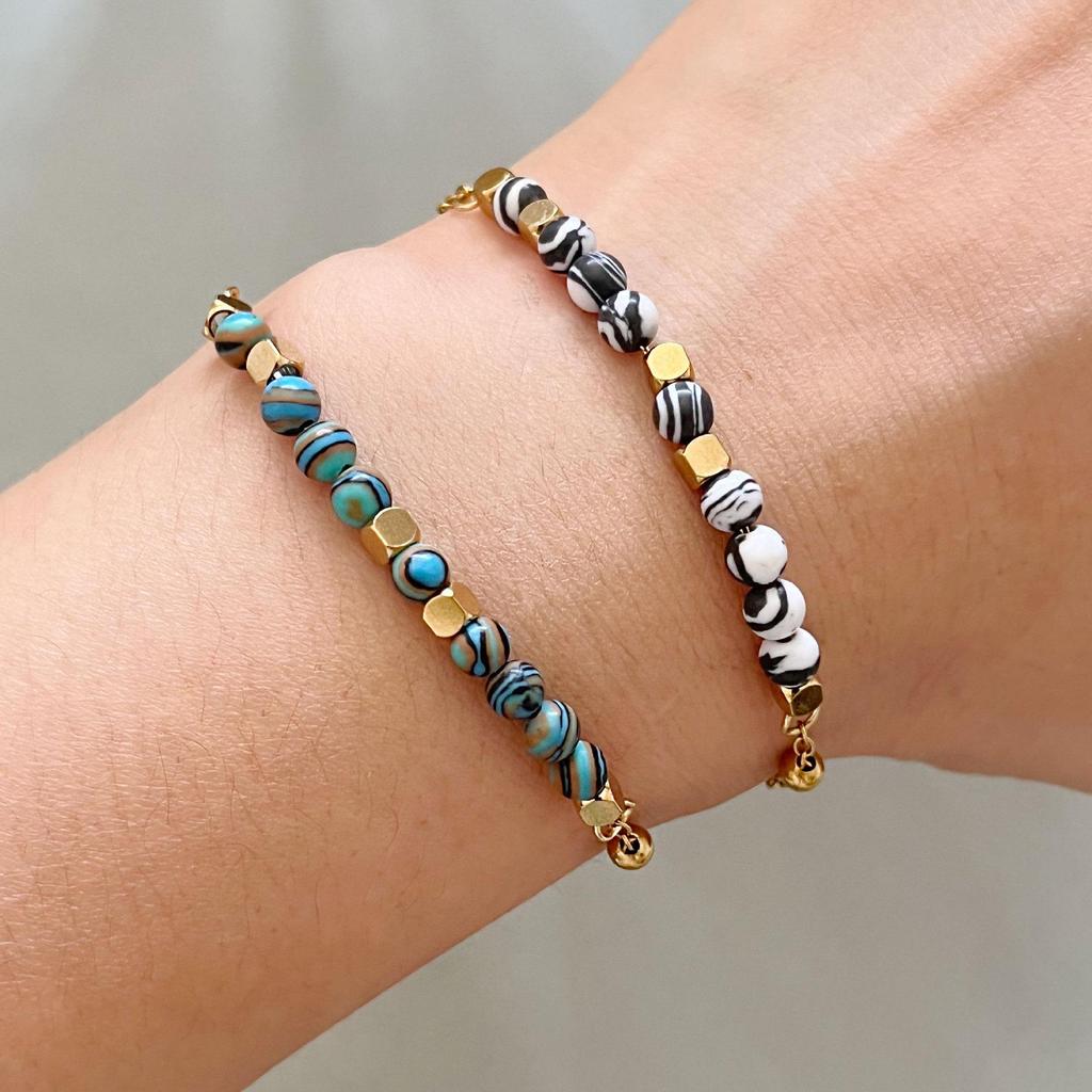 European & American Retro Malachite Sugar Cube Bracelet, 18K Gold Electroplated Stainless Steel Lux Beaded Women's Bracelet