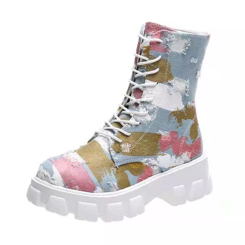 Autumn and winter color side zipper denim flat-bottomed platform short boots women's retro platform muffin bottom Martin boots lace-up