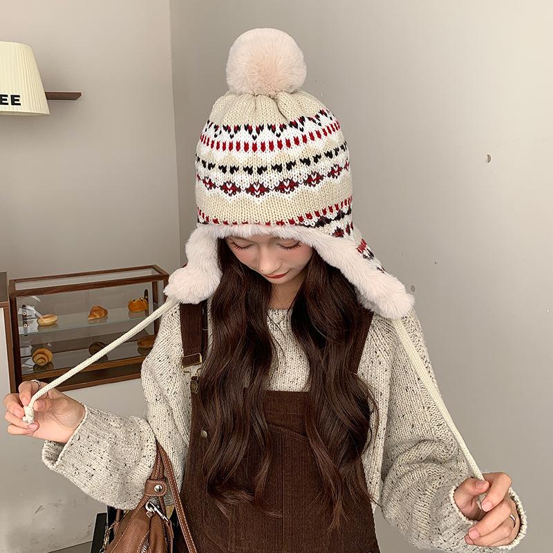 Jacquard Knitted Velvet Warm Hat for Women in Autumn and Winter Lei Feng Hat Travel Ski Hat Ear Protection Woolen Hat