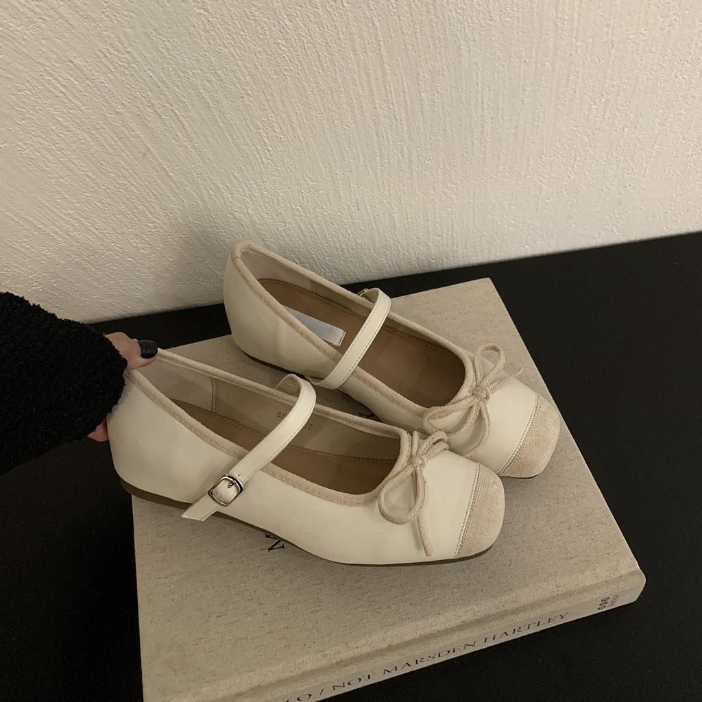 Inner height increase Mary Jane shoes women's spring new bow square head silver splicing flat ballet shoes