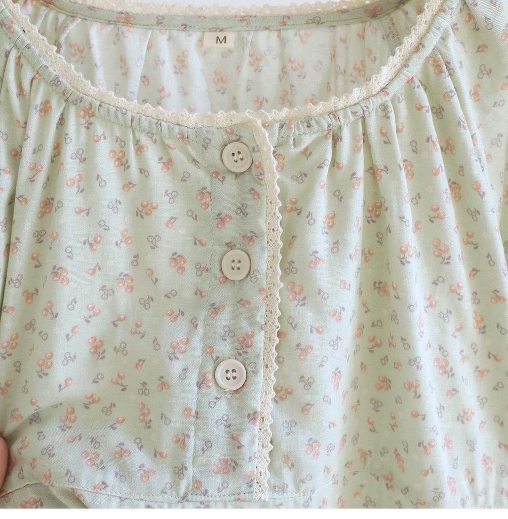Women's Forest Floral Cotton Pajama Set - Long-Sleeve Gauze Cardigan, Sweet & Loose Nightgown for Spring & Autumn.