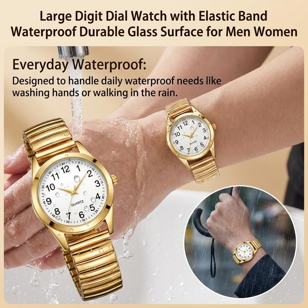 Large Digit Dial Watch with Elastic Band Waterproof Durable Glass Surface for Men Women