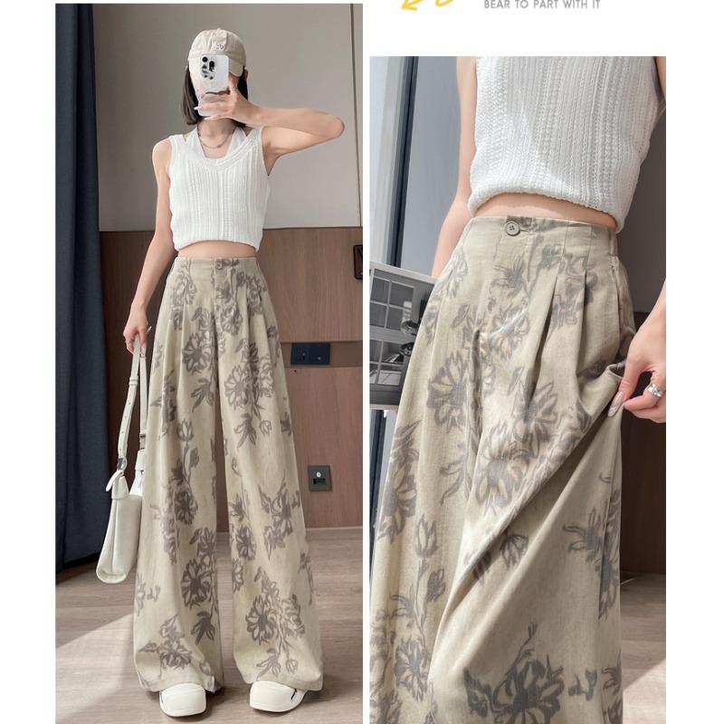 Pantaloni de vară pentru femei, imprimeu vintage, in subțire, talie înaltă, picior larg, cu buzunar