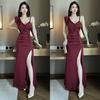 Pure Desire Women's Sexy V-Neck Spaghetti Strap Bodycon Dress, Summer Formal Nightclub Long Skirt A708