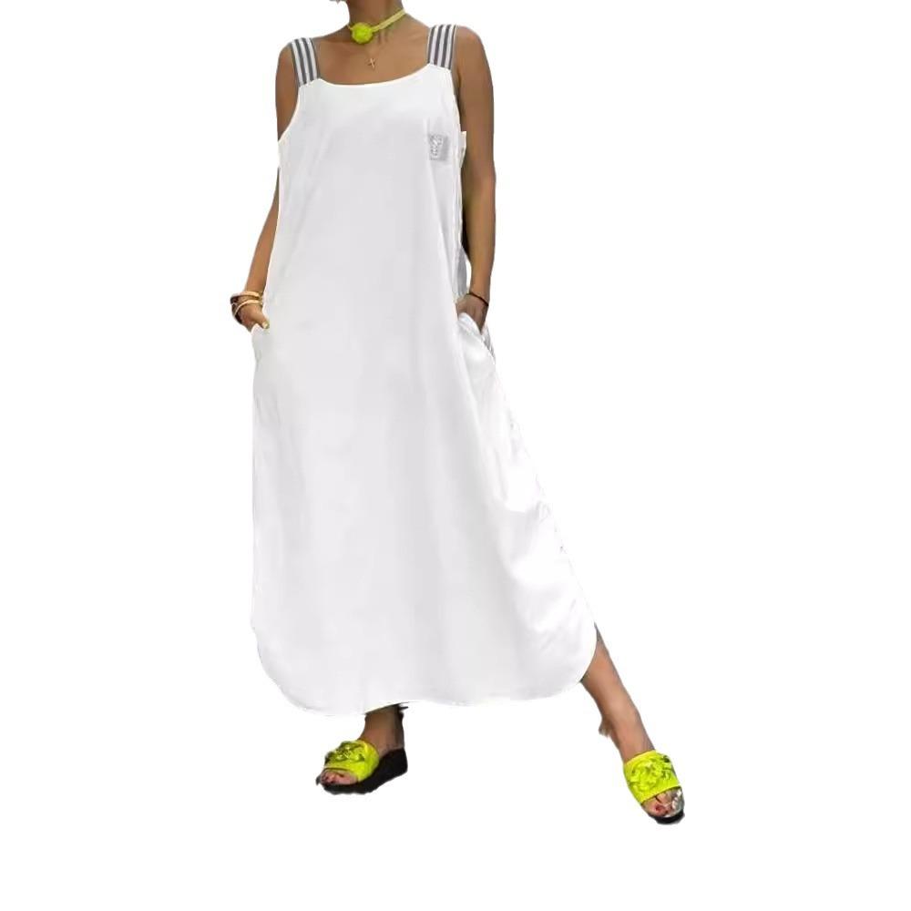 Women's Casual Pocket Striped Suspenders Dress