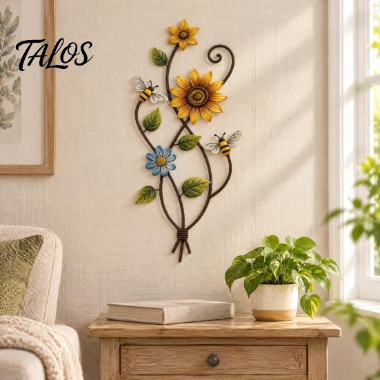 Bee And Flower Decoration Sunflower Wall Art Decor, 2D Flat Floral Hanging, Country Garden Rustic Farmhouse Decor Ornament for Fence Porch Entryway
