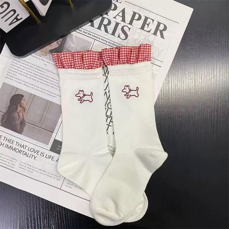 Female Spring and Autumn Personality Trend Blue Check Pattern Lace Puppy Embroidery in The Tube Pile Socks