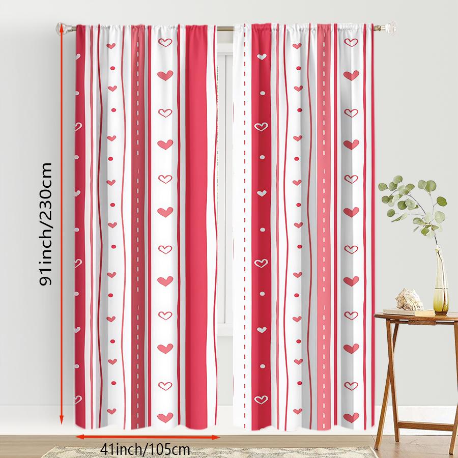 2 szt. zasłon w czerwono-białe paski w kształcie serca, styl minimalistyczny, dekoracja do salonu i sypialni, z tunelami na karnisz