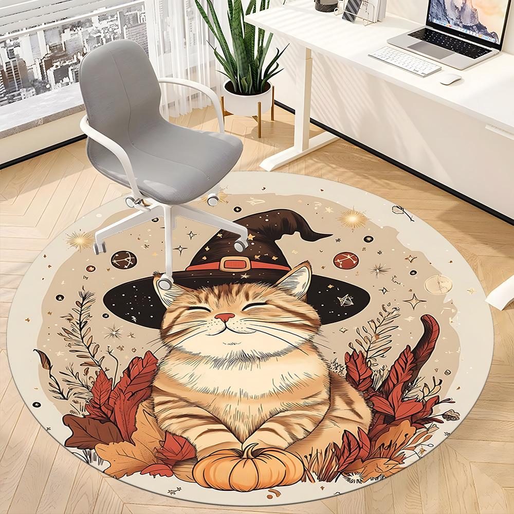 1PC Witch Cat Office Round Area Rug,  Mat Suitable ForOffice, Under Office Chairs Bedroom Living Room Home Decor, Room Deco