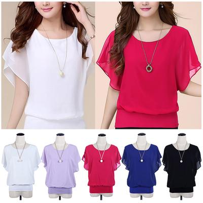 Damenmode Lose O-Ausschnitt Volltonfarbe Sommer Chiffon Bluse Tops