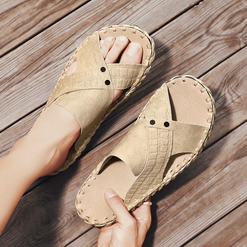 Fashion Hand Sewn Sandals for Men PU Solid Color Business Leisure Flip Flops Lightweight Comfortable Non Slip Beach Slippers
