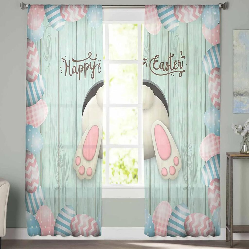 Easter Bunny Tail Wood Curtain Colorful Eggs Happy Transparent Voile Curtains Living Dining Room Bedroom Drapes Light Filtering For Sleeping Area