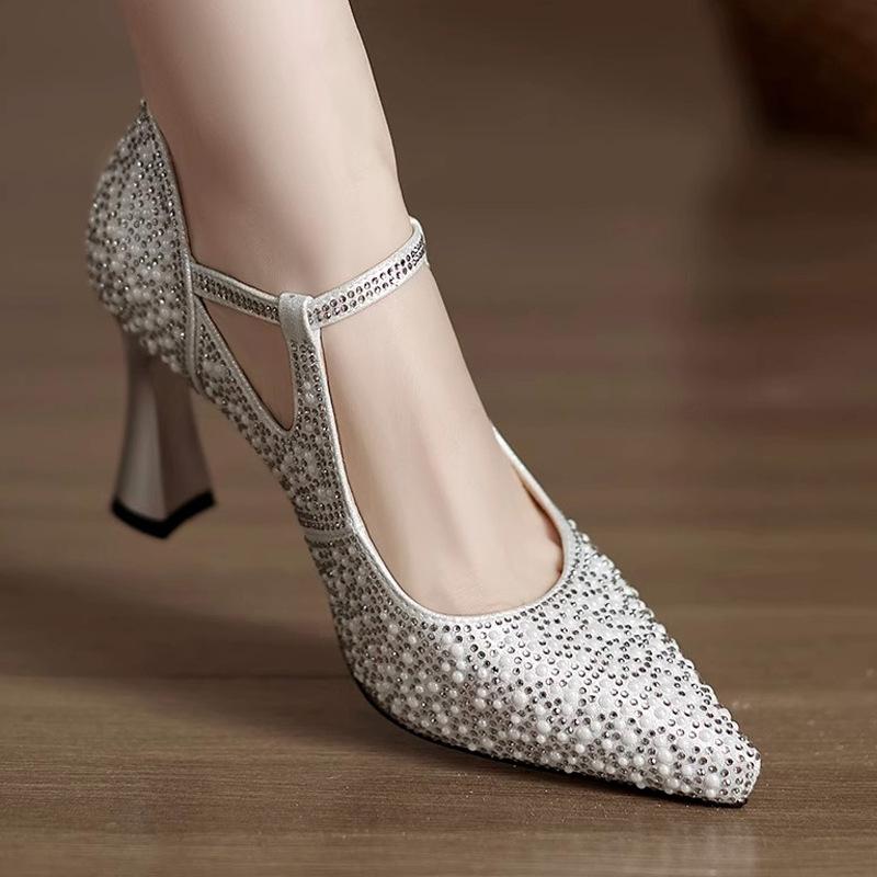 Rhinestone Pointed Single Shoes Women's Spring and Autumn New One-word Buckle Shallow Mouth with Cheongsam Shoes Wedding Shoes High Heels Women