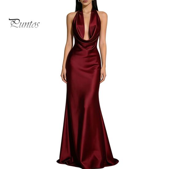 Beach Dress Women Sexy Backless Maxi Dress, Deep V Neck Sleeveless Lightweight Summer Halter Satin Long Formal Evening Party Mermaid Gown Elegant