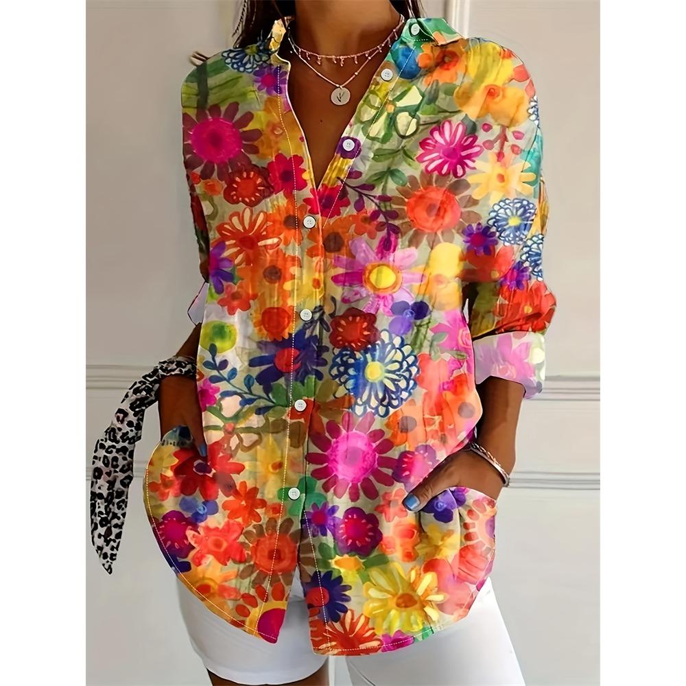 Autumn Ladies Casual Shirt Love Heart Printed Loose Blouse V Neck Button Shirt Valentine's Day Shirt For Men And Women