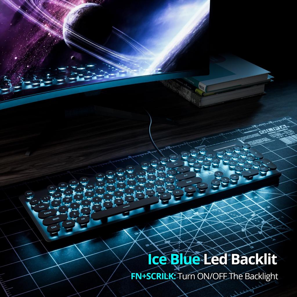 Wired Quiet Membrane Retro Punk Typewriter Green LED USB Gaming Keyboard with ABS Round Keycaps for Keyboard, Full-Size 104-Key Backlit, Ultra-Slim