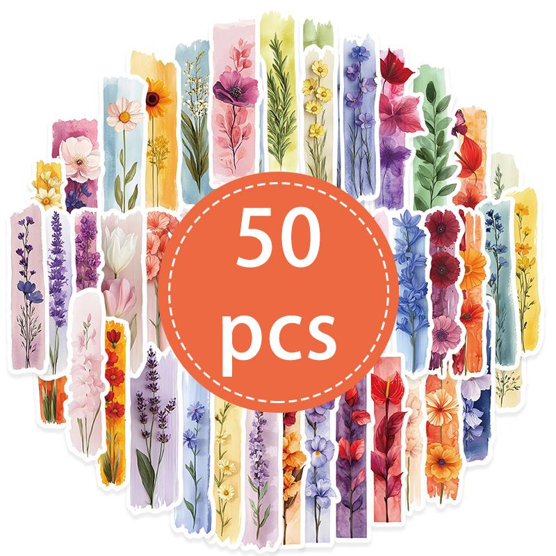 50PCS Plants Stickers Long Strip Creative Plant Floral Sticker Cute Mixed Plant Waterproof Vinyl Decals for Scrapbook Laptop