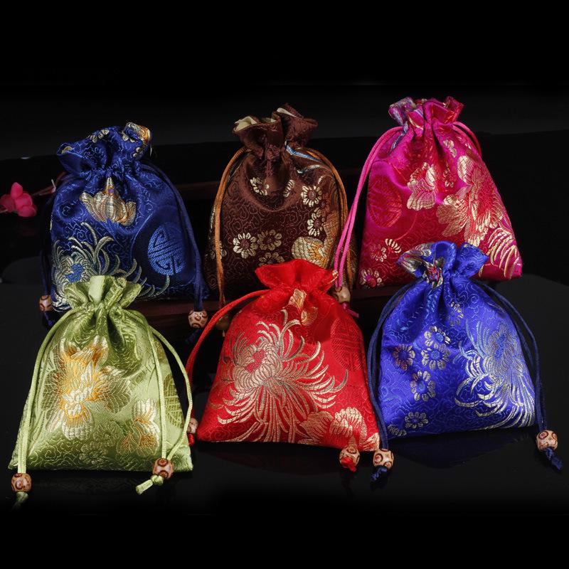 Red Brocade Jewelry Drawstring Gift Bag - 11x14 cm