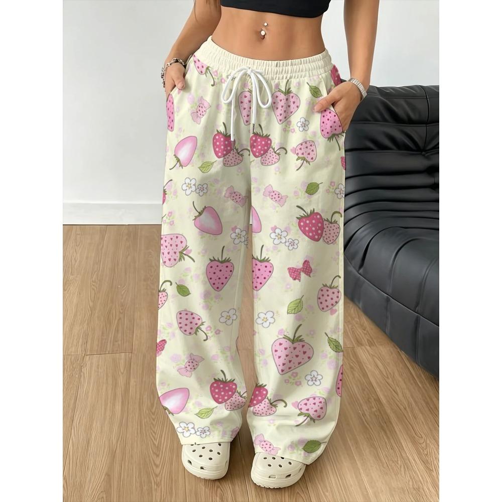 Ladies Loose Fashion Casual Sports Wide Leg Pants Cream Base Color Cartoon Strawberry Candy Flower Pattern Print