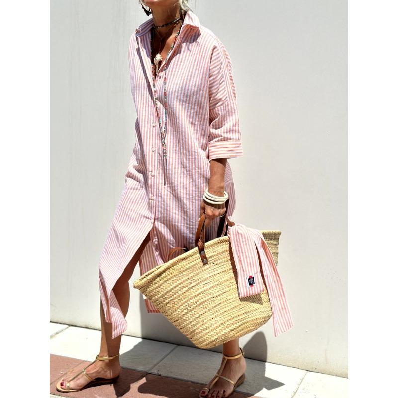 

Женское осеннее платье-рубашка в полоску с рукавами пять четвертей и боковыми разрезами XL розовый