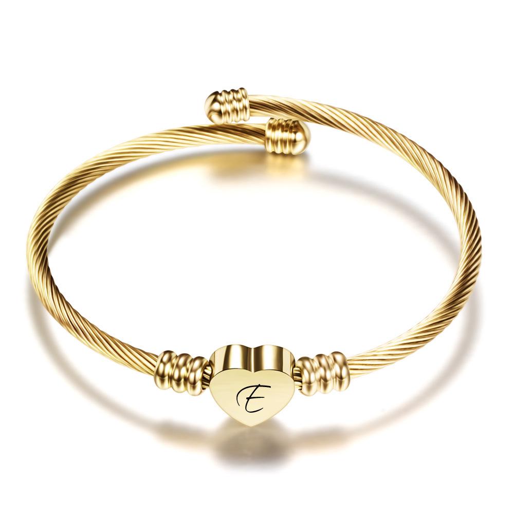 Stylish Women's Bracelet: Stainless Steel Peach Heart with Braided Cable and European-American 26 Letters Design