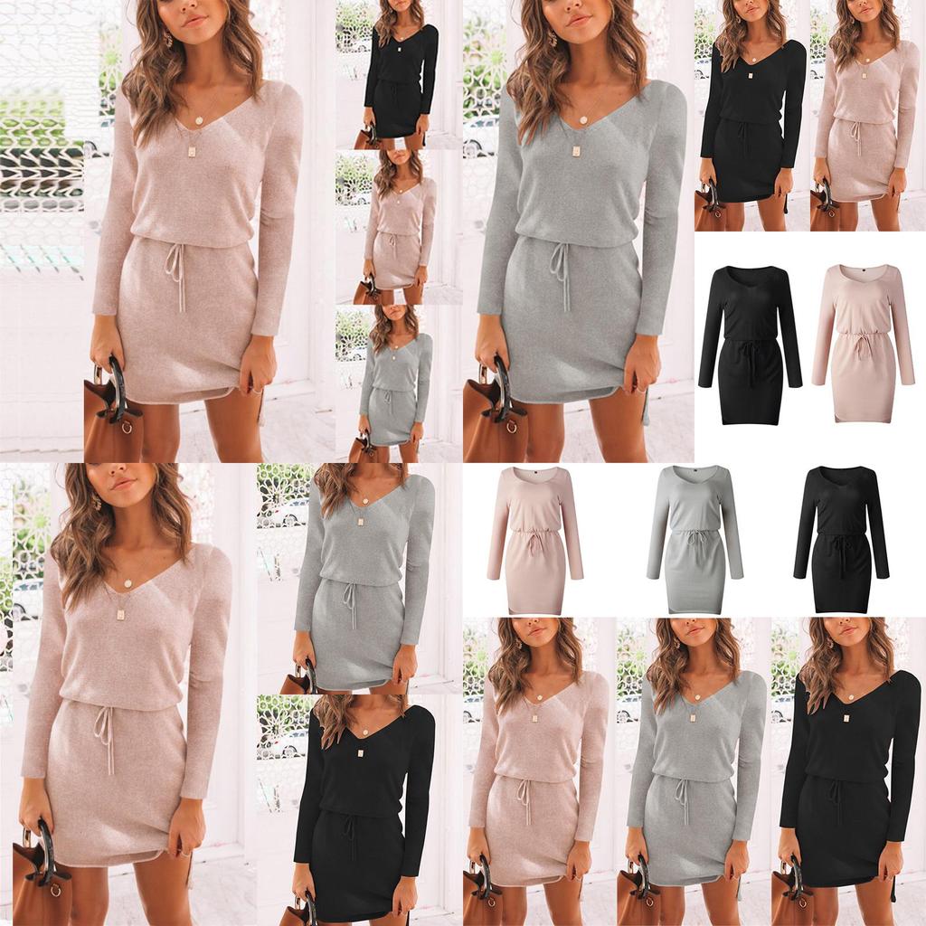 Cozy Deep V-neck Womens Knitted Jumper Sweater Dress For Autumn And Winter