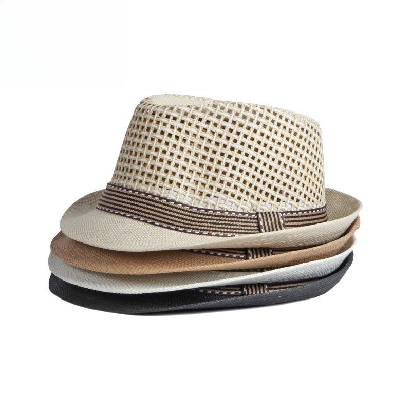 Unisex Summer Straw Fedora Hat Hollow Out Mesh Crown Panama Trilby Cap Striped Band Sun Protection Beach Travel Jazz Hat