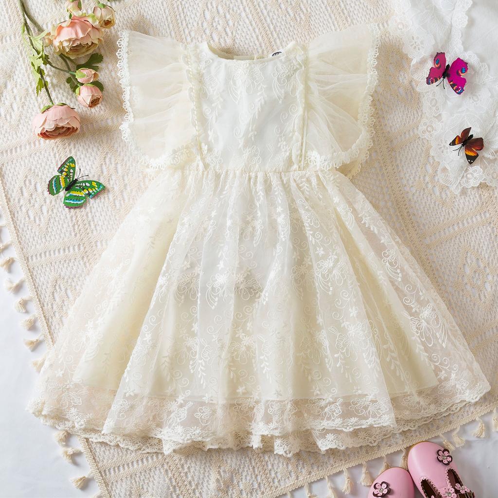 Dívčí letní krajkové volánkové rukávy jednobarevné ležérní šaty Dětské šaty pro dívky Dětské oblečení na princeznovskou narozeninovou oslavu