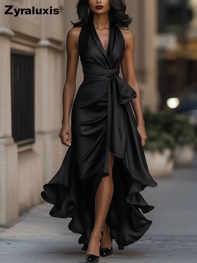Neues Satin-V-Ausschnitt-Ärmelloses Kleid mit Taillensitz und Blumenmuster, Rüschen, für Damen