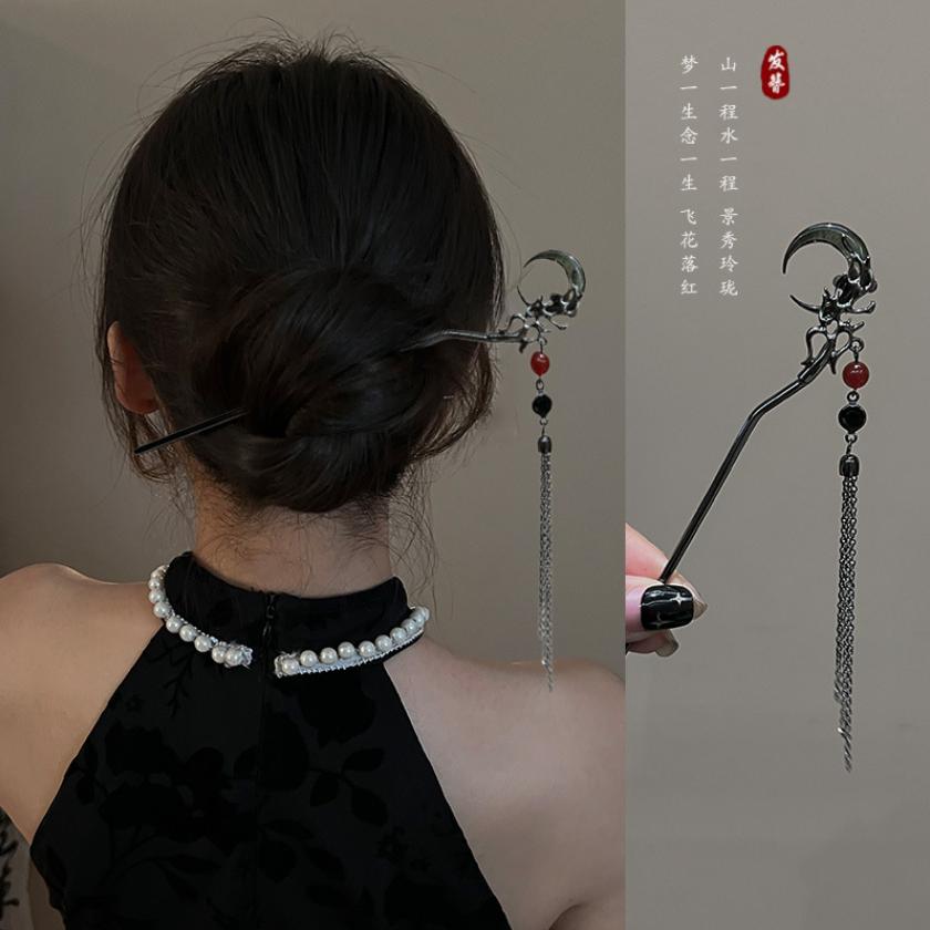 New Chinese Style Black Butterfly Flower Tassel Hair Stick for Women Vintage Metal Hanfu Chopstick Hair Sticks Hair Accessories