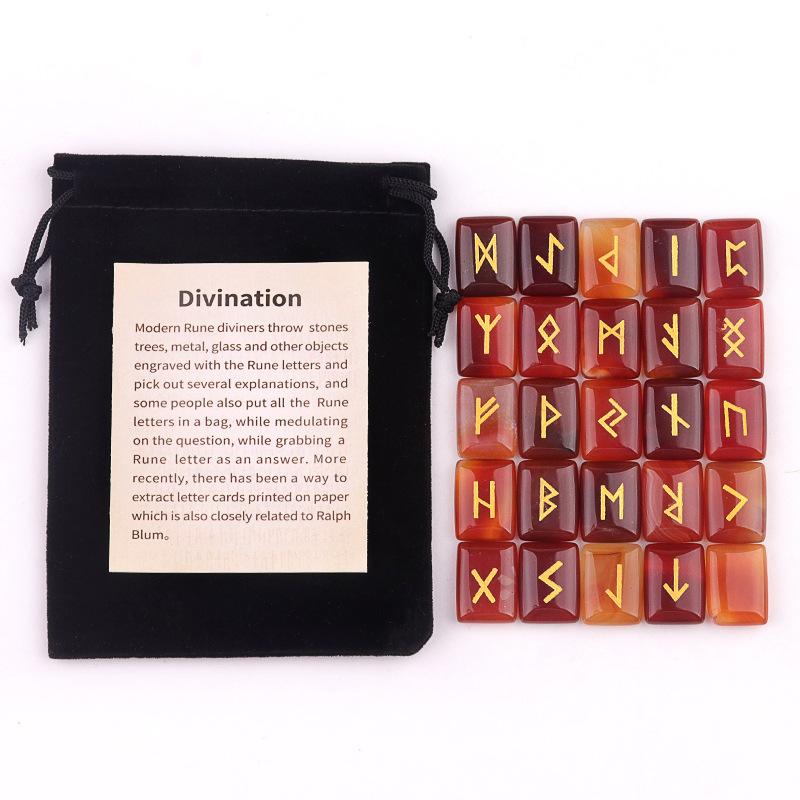 Set di 25 Pietre Runico Incise Alfabeto Futhark Antico Pietra Naturale Cristallo Curativo Reiki Meditazione Divinazione con Sacchetto di Velluto