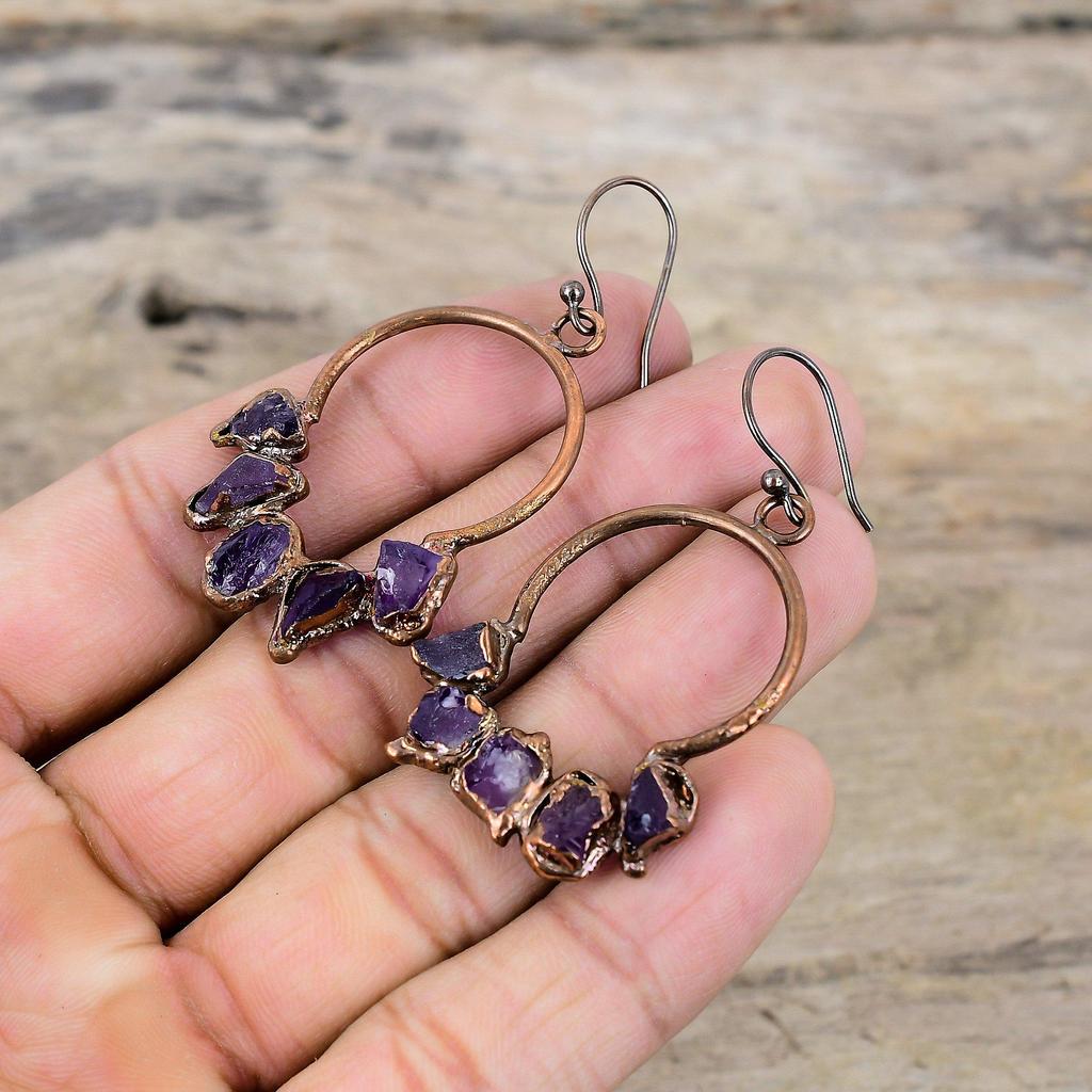 African Amethyst Rough Earring Electroformed Copper Earring Original Gemstone Jewelry Handmade Earring Electroformed Jewelry Engagement Gift