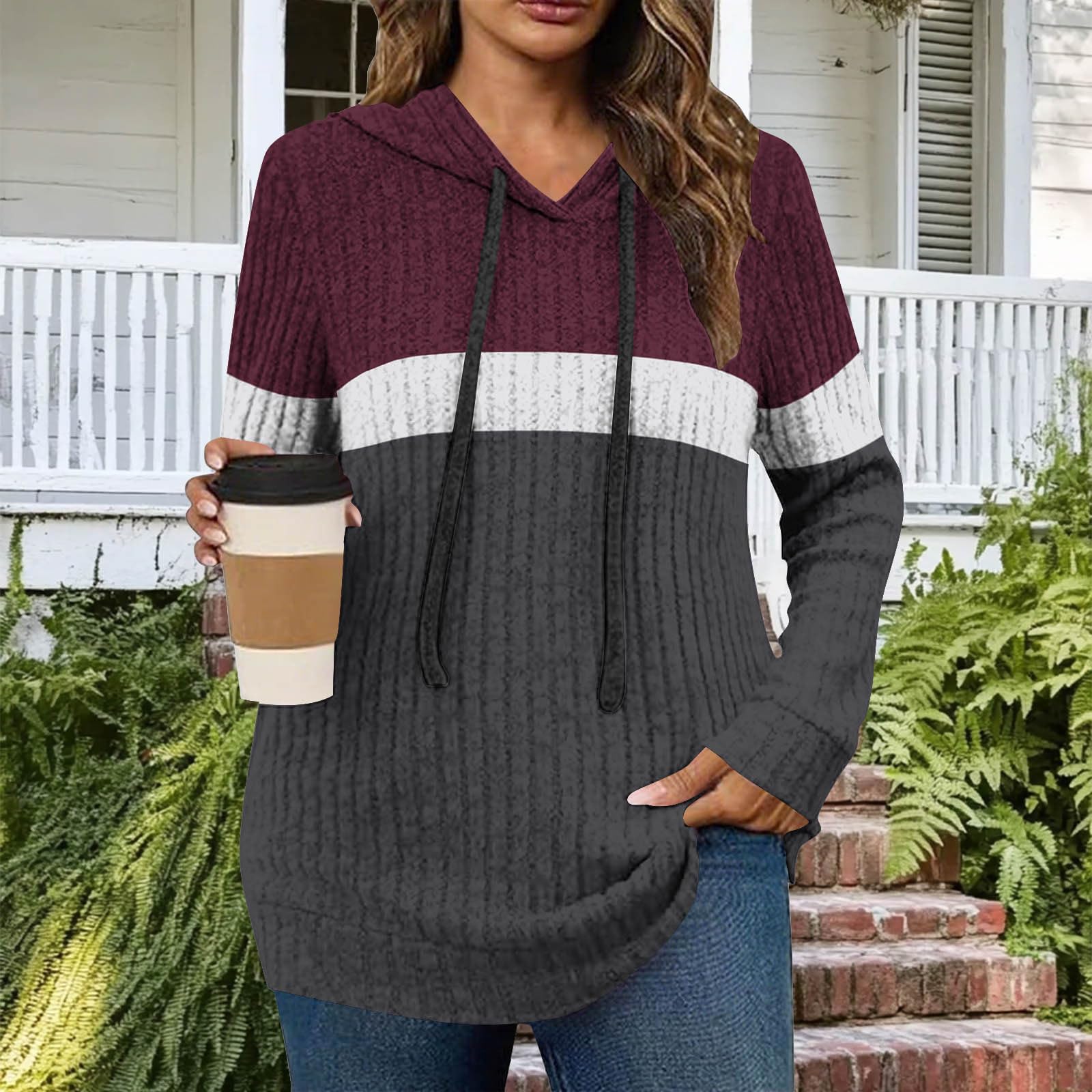 

Женский модный однотонный худи с длинными рукавами, цветной блок, на кулиске, повседневный пуловер XL винный