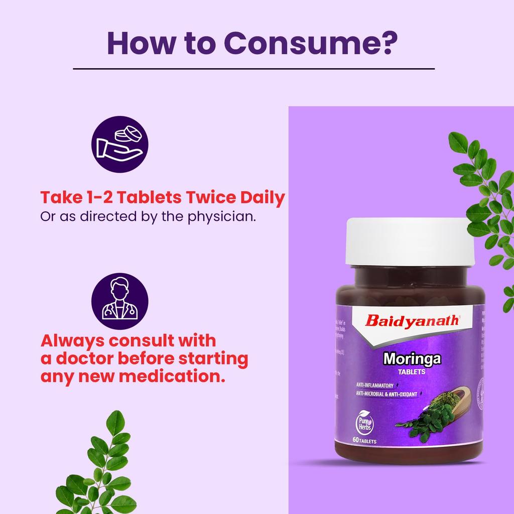 Baidyanath Moringa Tablets 60 Tabs 250mg | Drumstick Leaf Supplement for Gut Health and Wellness