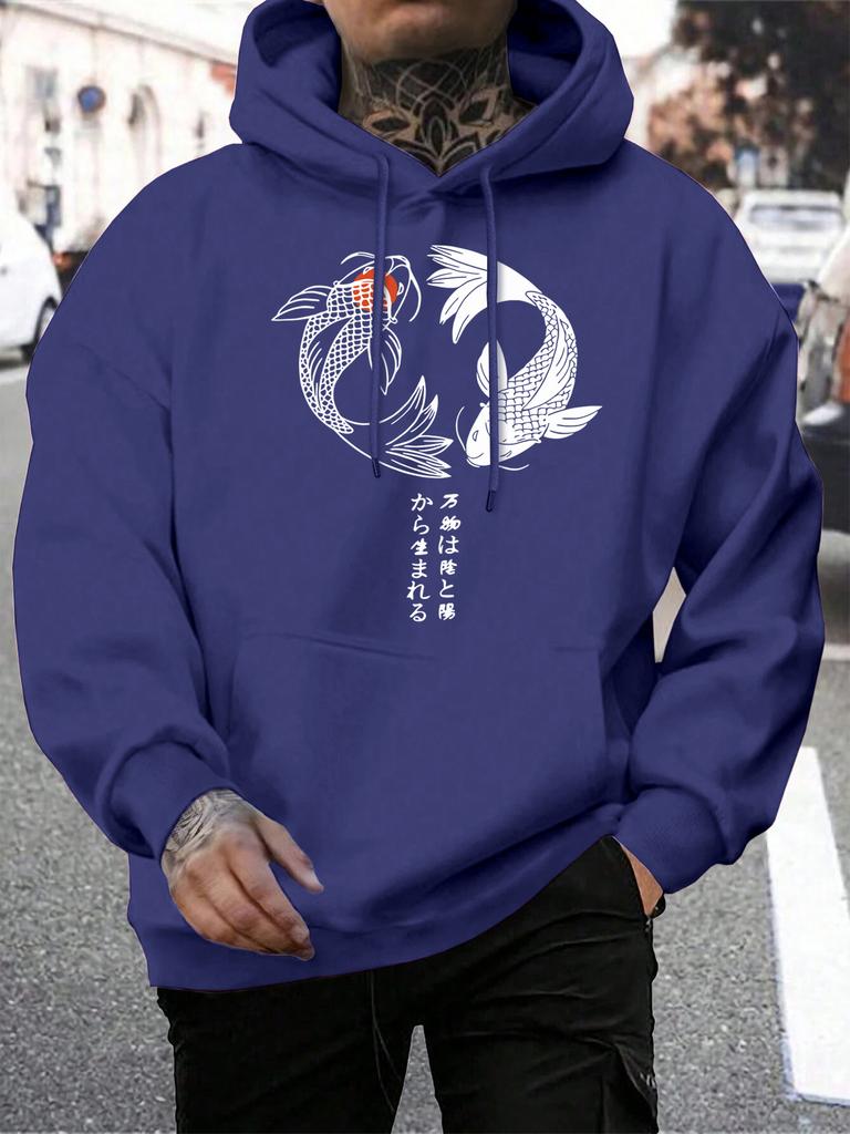 Japanese Koi Harajuku Illustration Printed Men Hoody Pocket Loose Sportswears Fashion Hip Hop Hoodies Autumn Male Clothes