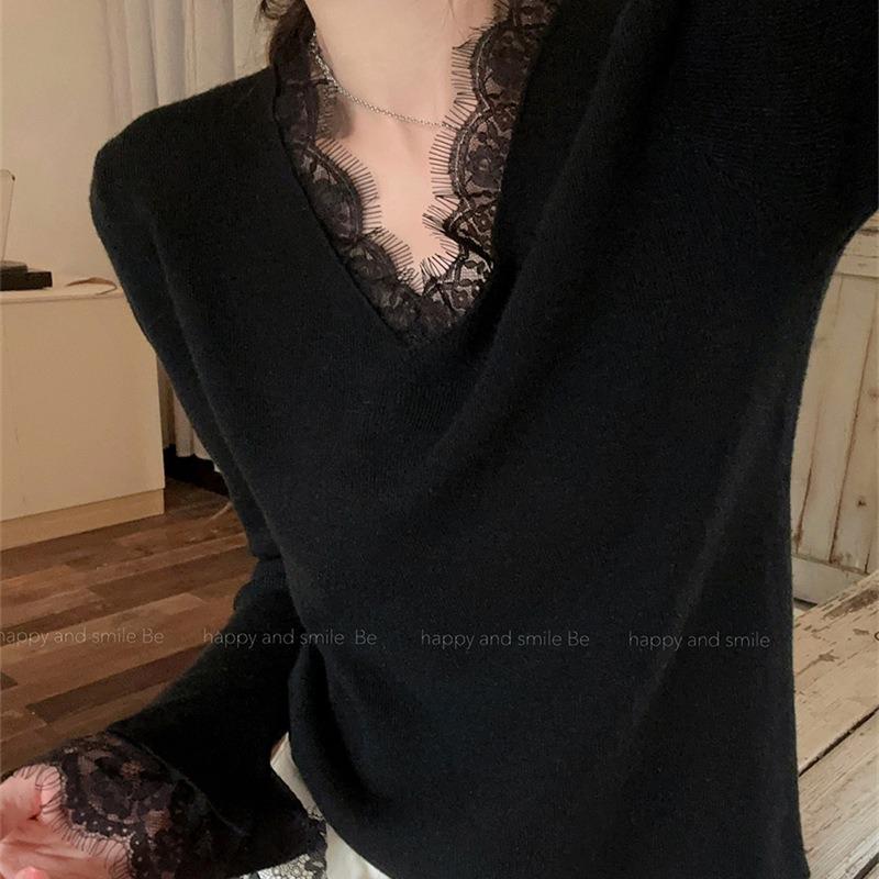 Black Lace Knitted Sweater Women's Collar Trendy Inner Long Sleeve Top Autumn and Winter Slim Flared Sleeve Bottom Sweater