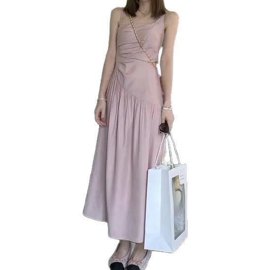 Royal sister fashion style irregular pleated suspender dress women's new high-end sense light luxury waist thin long skirt