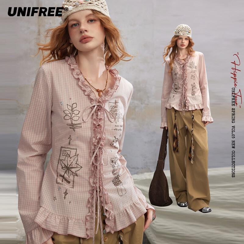 UNIFREE x Wuwuwu Retro Tie-Front V-Neck Shirt L