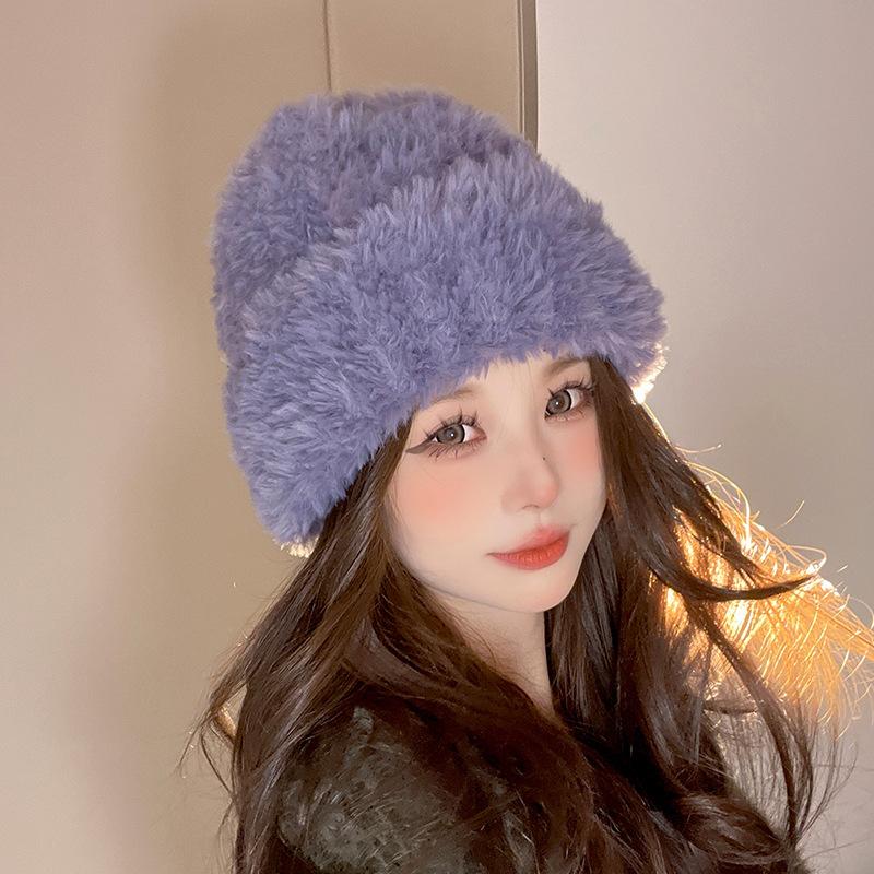 Plush Hat Women's 2023 New Knitted Wool Hat Autumn and Winter Big Head Circumference Showing Face Small Thickened Warm Ear Protection Cold Hat