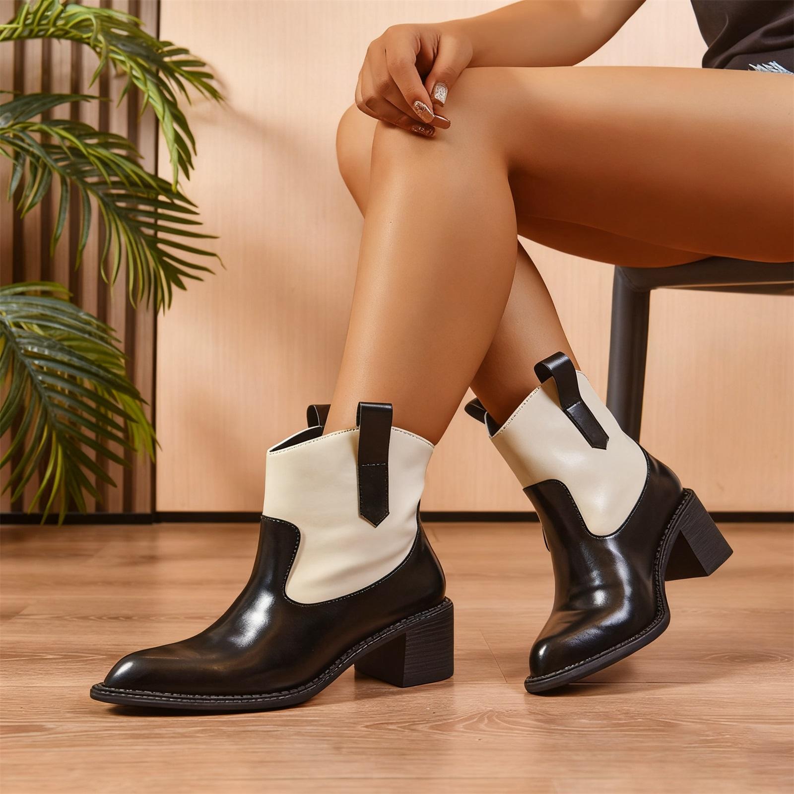 Women s Fashion Plus-Size Vintage Mid-Heel Short Cylinder Color-Blocked Boots 39