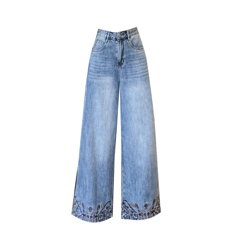 Eight-Minute Women's Floral Wide-Leg Jeans with Heavy Embroidery for Spring and Autumn