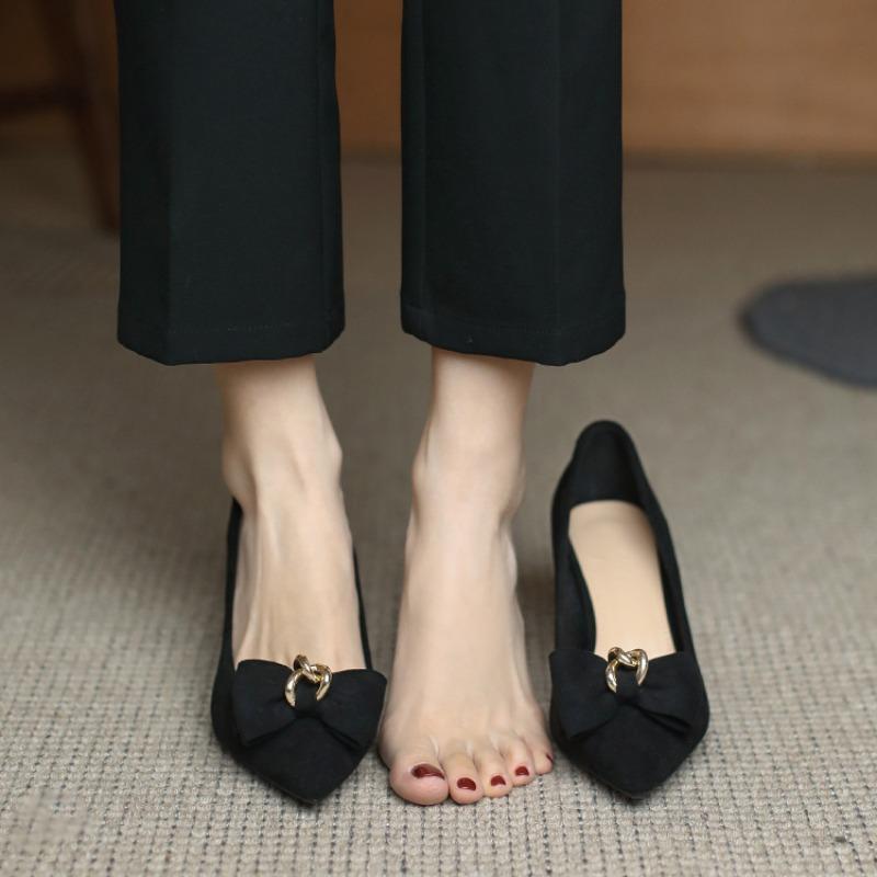 Fashion Fashionable Bow Metal Buckle High Heels 2024 Spring New Thin Heel Shallow Notch Pointed Simple Women's Single Shoe Versatile