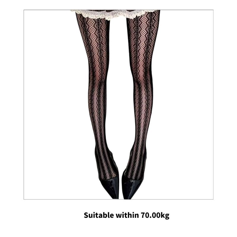 Women Subculture Hollowout Lace Sheer Tights Breathable Nylon Fabric Stockings Solid Color Wavy Stripe Pattern Pantyhose